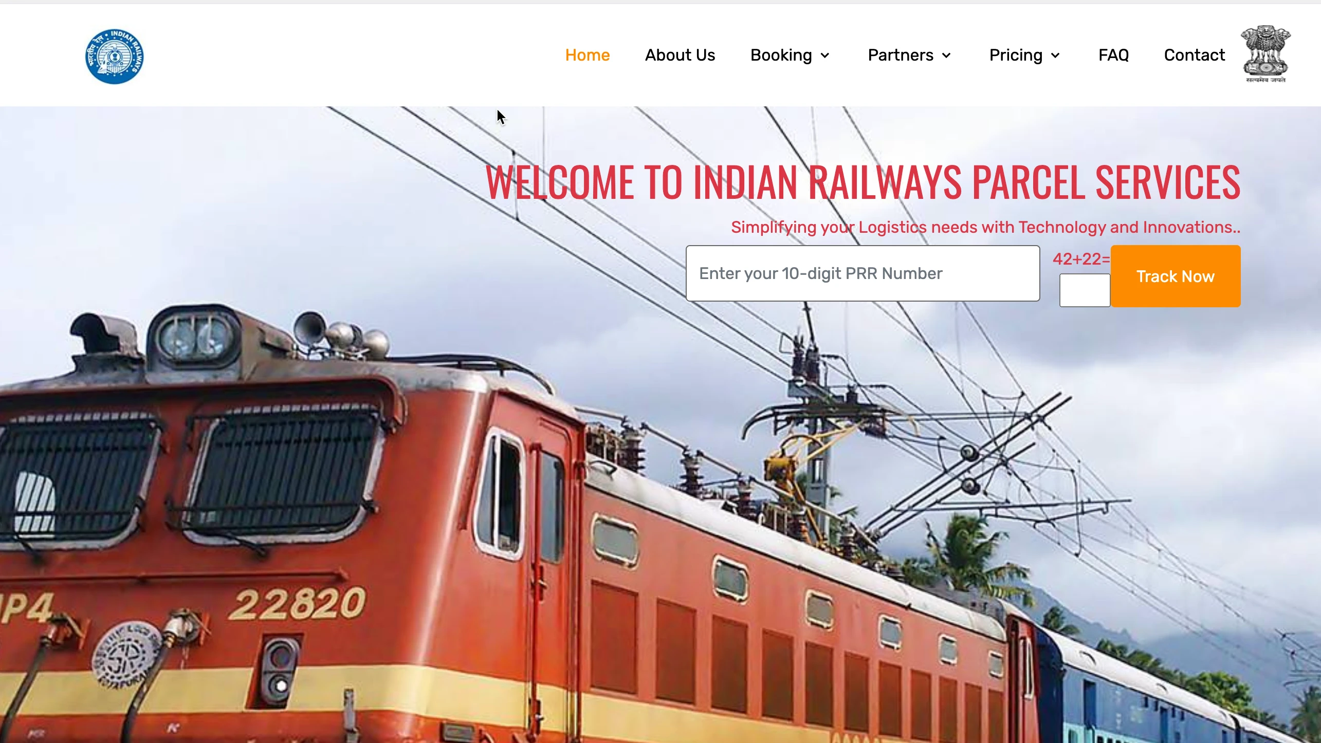 Tracking page of Indian railway parcel with input box to enter PRR number and track now button